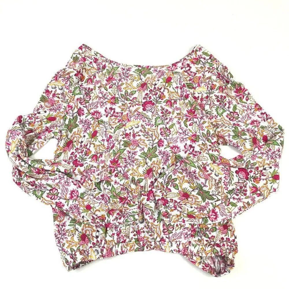 LOFT Womens V-Back Blouse Floral Long Sleeve Boat Neck Colorful Top Shirt XS NEW
